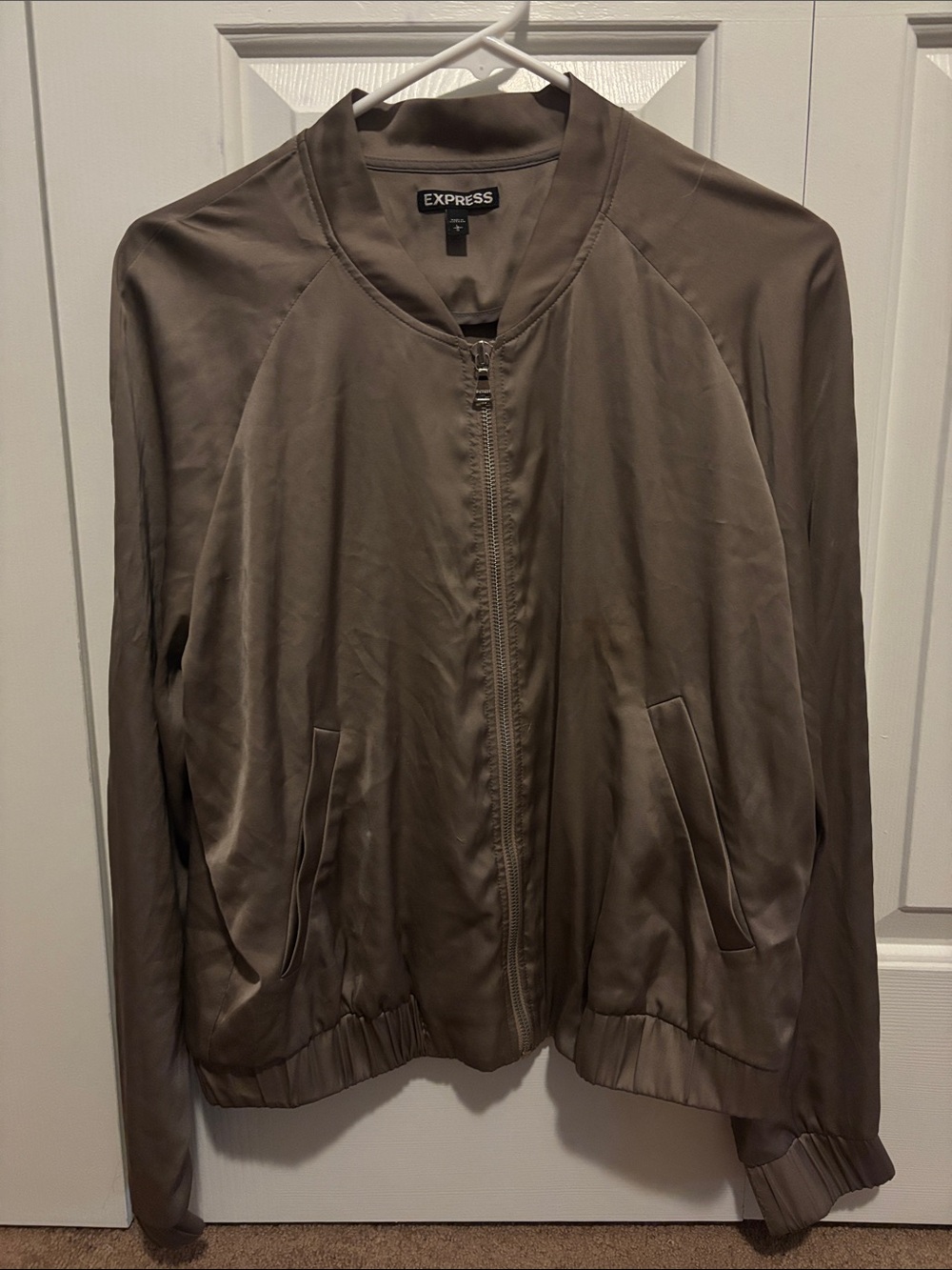 Express Olive Green Satin Bomber Jacket